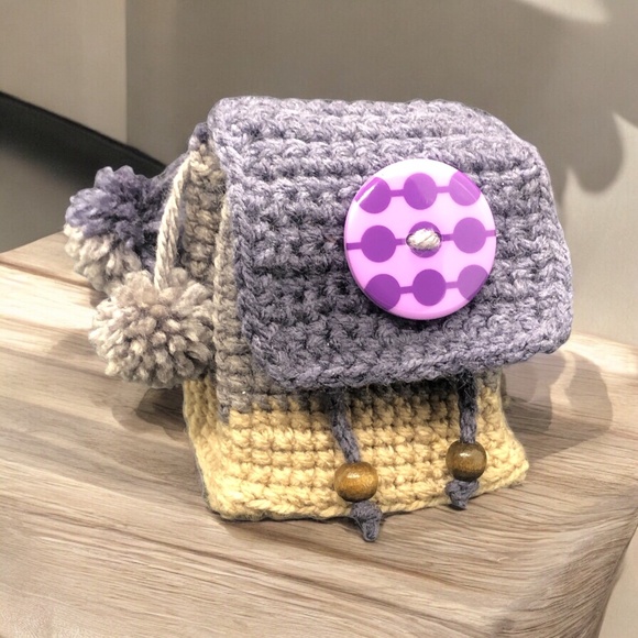 Whimsical Crochet Backpack Keychain – Grape Tan Colorblock, Pom Poms, & Beads - Picture 1 of 12